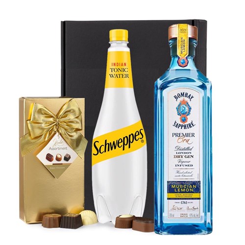 Bombay Sapphire Premier Cru Gin 70cl with Schweppes Tonic & Chocolates Gift Box | Spirit Mixer Set